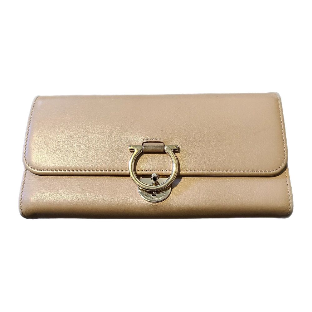Salvatore Ferragamo Khaki Beige Leather Gancini Continental Wallet Italy
